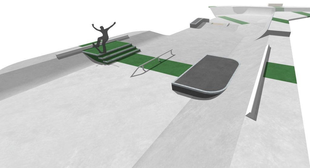 Render of the street section at Hylton Moore Skatepark, East Gosford NSW, by Eastbywest