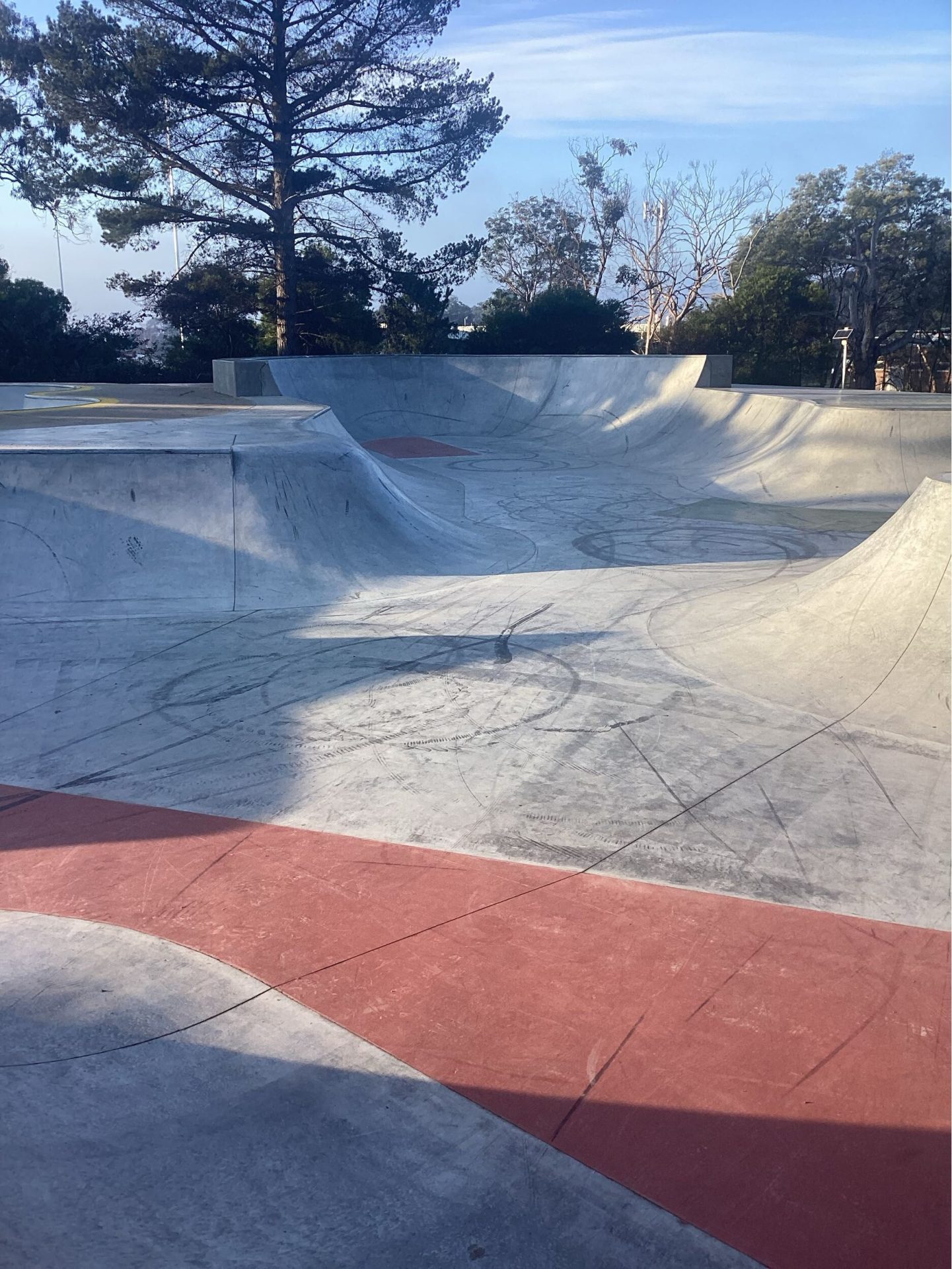 Transitions and coloured concrete at the Pearcedale Skatepark extension, City of Casey, Victoria