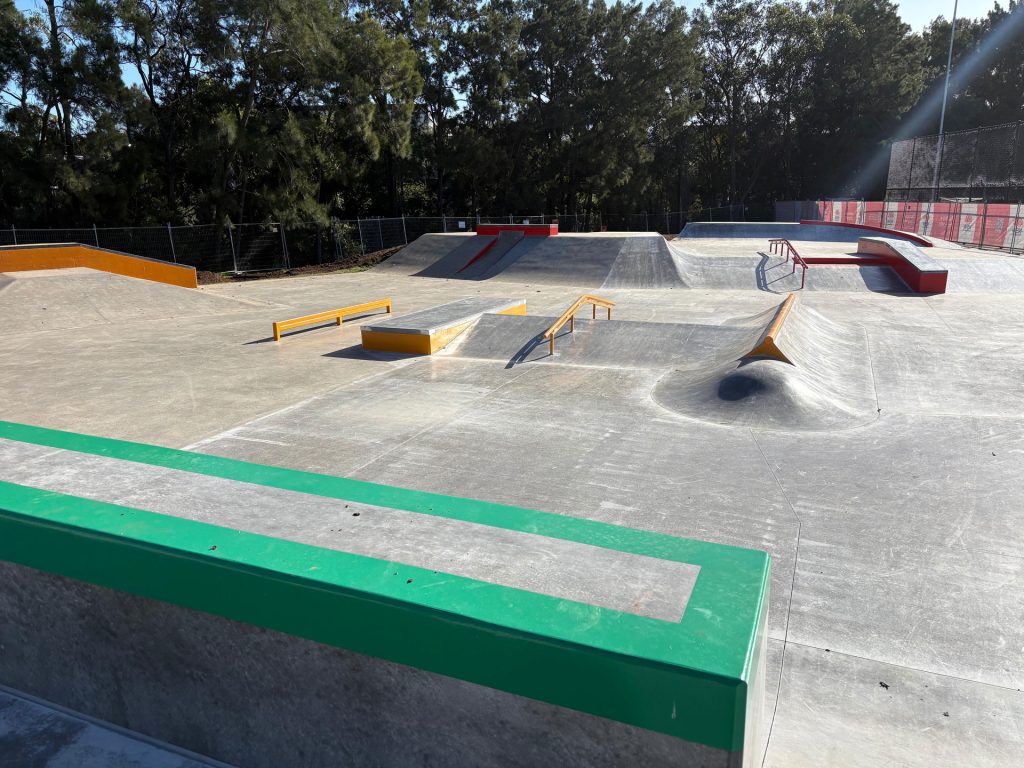 New street section with green ledge at Strathfield Skatepark, Cooke Park, Strathfield NSW
