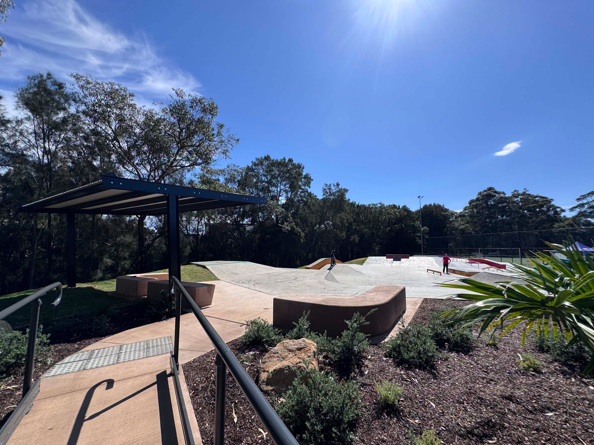 Opening day at the upgraded Strathfield Skatepark, Cooke Park NSW, with new shelter and planting