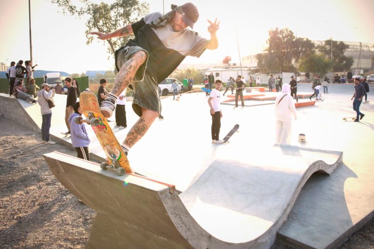 Skater riding the magic carpet element at Baghdad Skatepark, Iraq, volunteer project by Eastbywest
