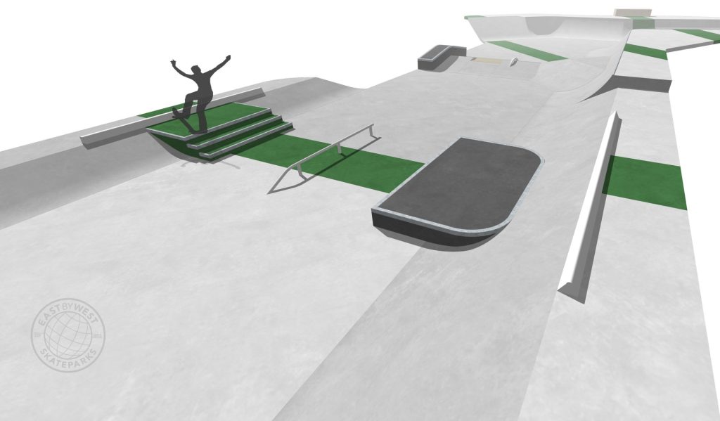 Render of the street section at Hylton Moore Skatepark, East Gosford NSW, by Eastbywest