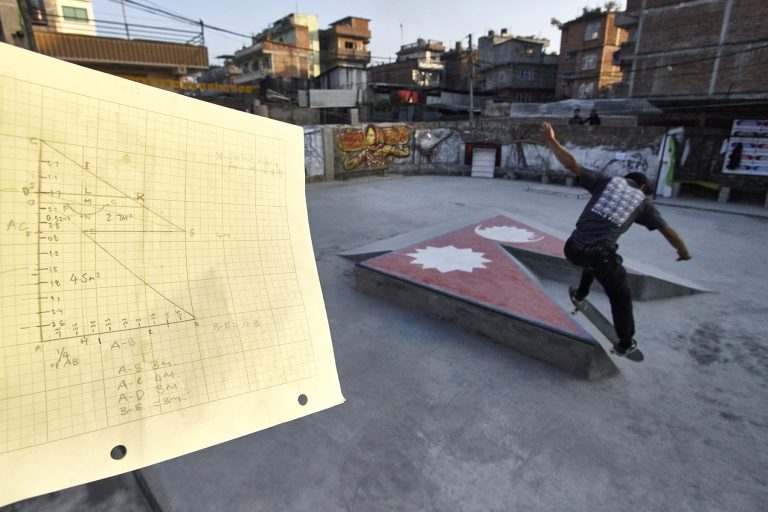 Nepal flag skate element and its hand-drawn plan at the Kathmandu skatepark, Nepal
