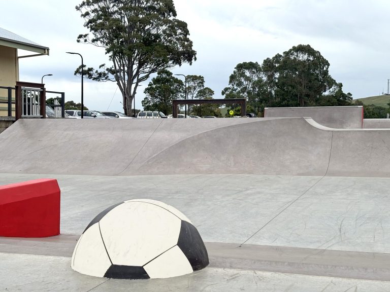 The rideable soccer ball sculpture at Korumburra Skatepark, South Gippsland, Victoria