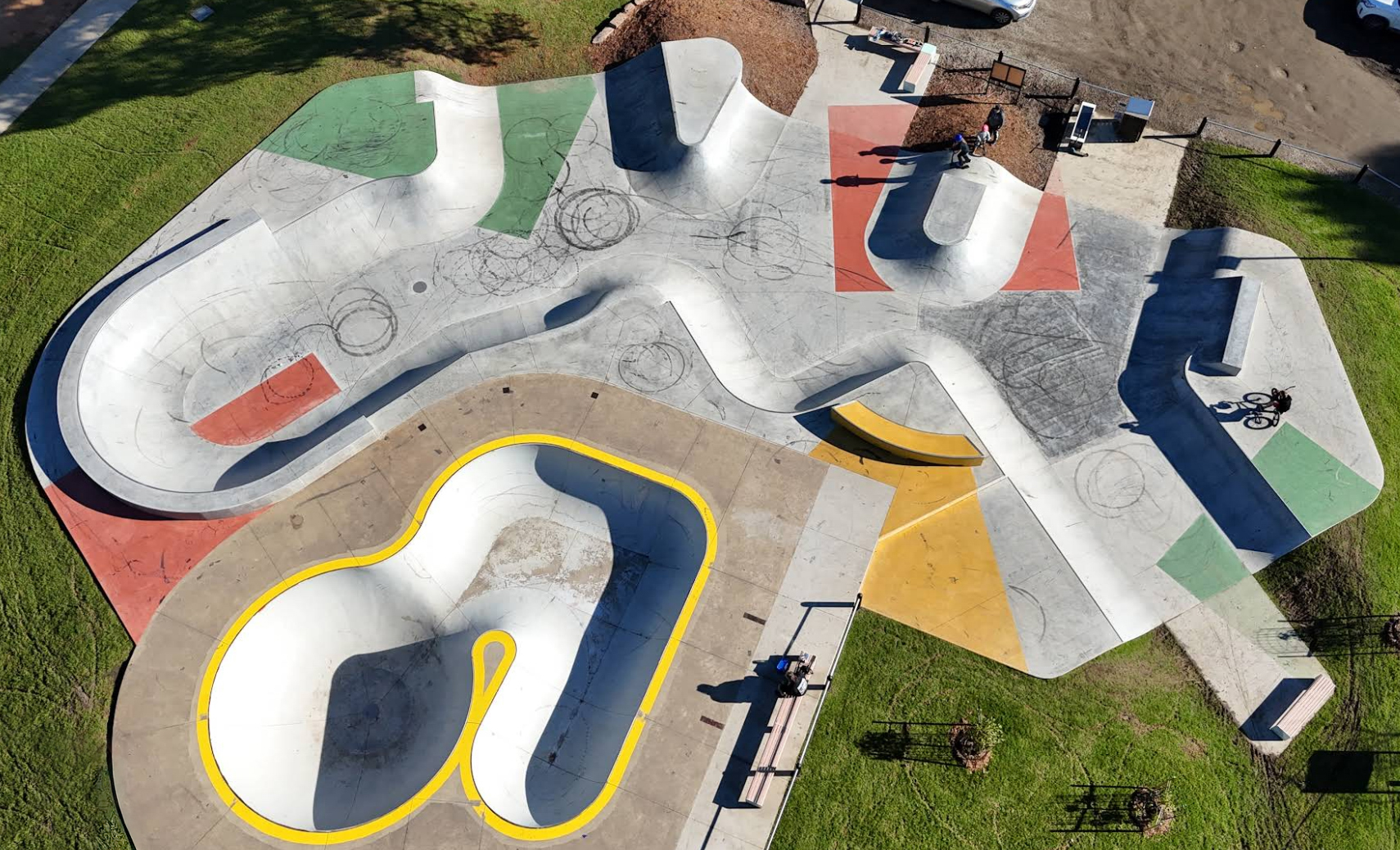 Aerial view of the Pearcedale Skatepark extension and existing bowl, City of Casey, Victoria